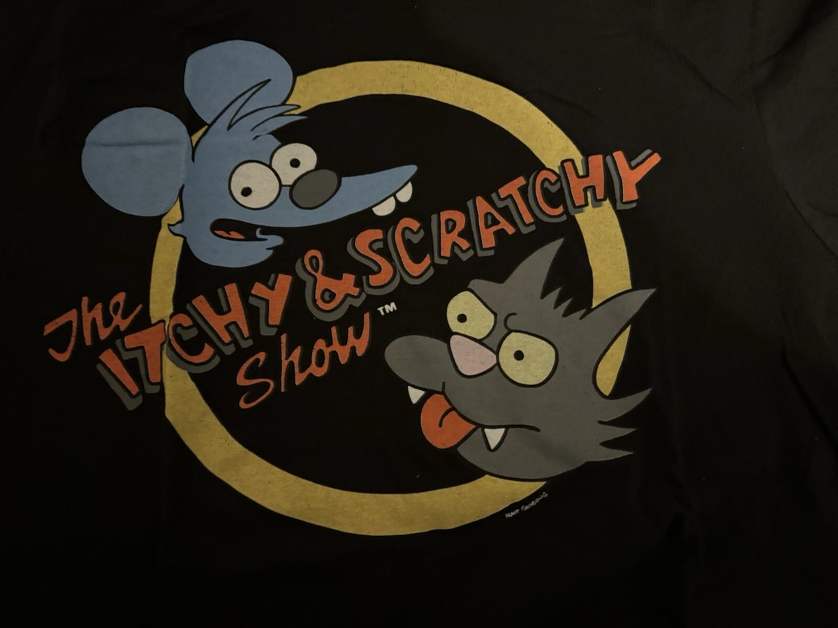 THE ITCHY AND SCRATCHY SHOW T-SHIRT black retro 90s cartoon THE ITCHY AND SCRATCHY SHOW T-SHIRT black retro 90s cartoon