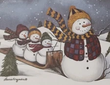 UNUSED Vintage Christmas card, snowman and family, Laurie Korsgarden 5 1/2"