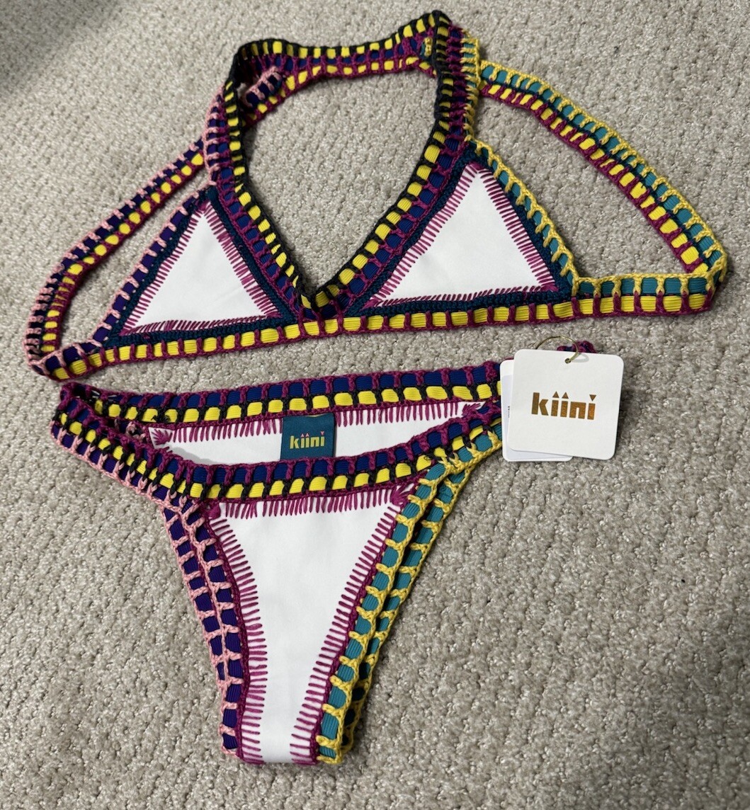 NWT Kiini Coco Bikini Set Crochet Triangle Top (L) + Brief Bottom