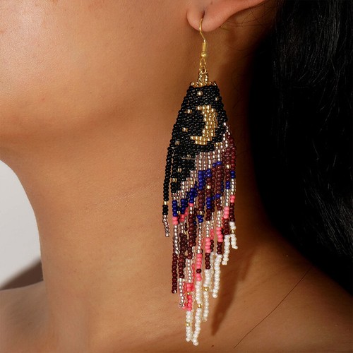 Bohemian Style Long Tassels Handmade Beaded Earrings Beads Ear Pendants - Imagen 14 de 31