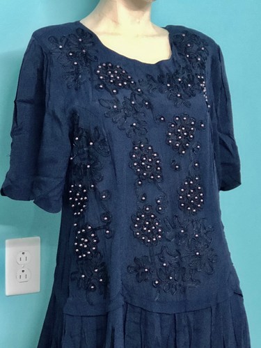 Vintage 80s/90s Does 20s SARIN NY Navy Blue/Copper Beaded Flapper Maxi Dress~L - Bild 5 von 12