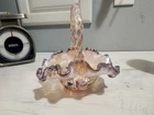 Opalescent Fenton glass Uv Reactive hummingbird flower basket Candy  Scalloped