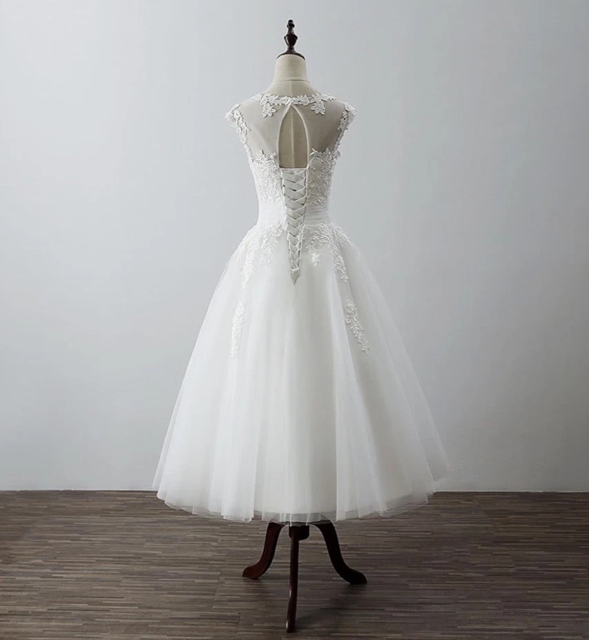 Women's Elegant Sheer Vintage Short Lace Wedding Dress for Bride - Image 2 of 3