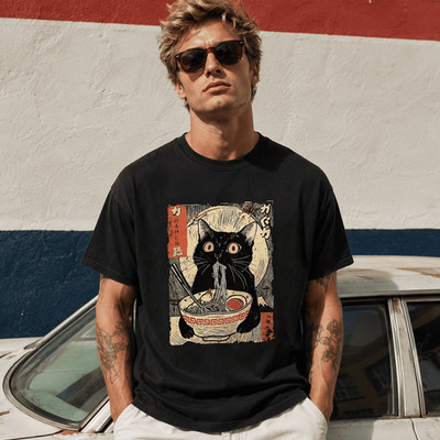 Ramen Cat Graphic Tee - Vintage Japanese Ukiyo-e Style Black Cat T-Shirt