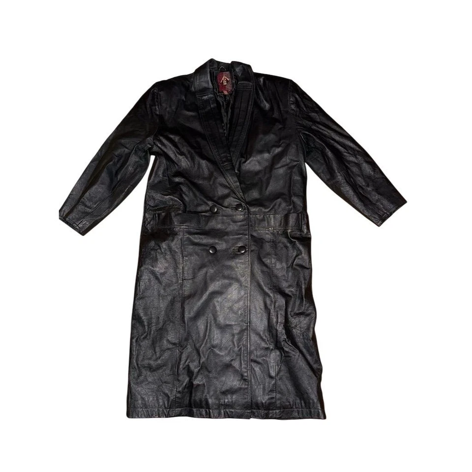 De Colección G-iii Años 80 Negro Cuero Genuino Largo Plumero Chaqueta Gabardina Para Mujer Grande Foto 3 de 4