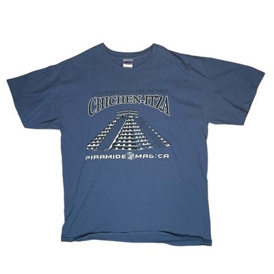 Chichen Itza Pyramid Mexico Graphic T Shirt Gildan Ultra Cotton Size L Blue