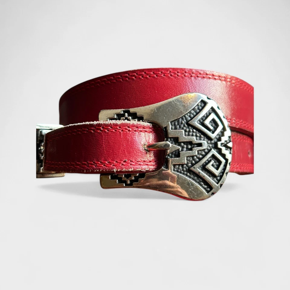 Cinturón Nacona Western Cuero Rojo Talla 28 Cintura Suroeste Plata Hebilla Geométrica Foto 2 de 4