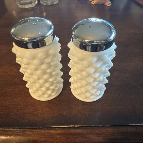 Vintage Fenton Hobnail Salt And Pepper Shakers White Milk Glass  MCM Mid Century