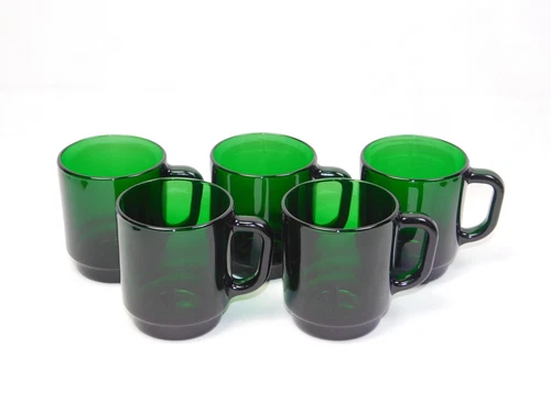 5 Vintage Arcoroc France Emerald Green Glass Mugs 3.5" Tall