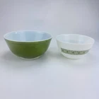 VTG PYREX #402 & #403 Green 2.5 Qt Square Flower 1.5 Mixing Bowls USA FREE SHIP