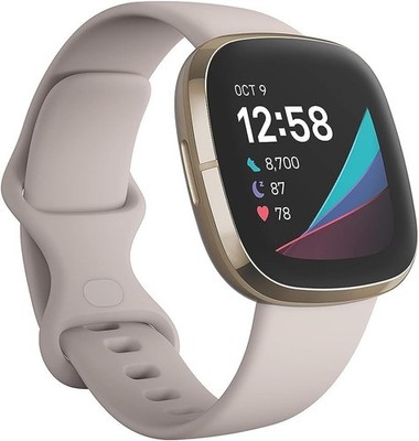 Fitbit Sense Smartwatch Lunar Weiß/Gold Bluetooth Anruf/Text Gesundheitsuhr Neu