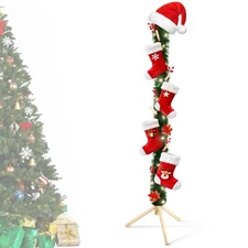 Lighted 8-Hook Christmas Stocking Holder Stand|Wooden Santa Hanger Garland Decor