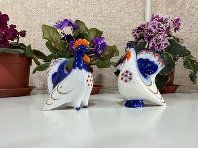 Lot of 2 Vintage Soviet Porcelain Figurines   LFZ Rooster & Hen Pair USSR