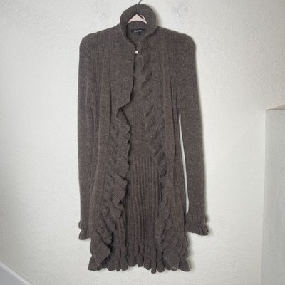 Elizabetta Collection Wool Blend Knit Ruffled Cardigan Sweater Sz L Brown Italy