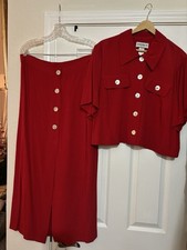 Women s Vintage Two Piece Blouse Midi Skirt Set Red Plus Size 14