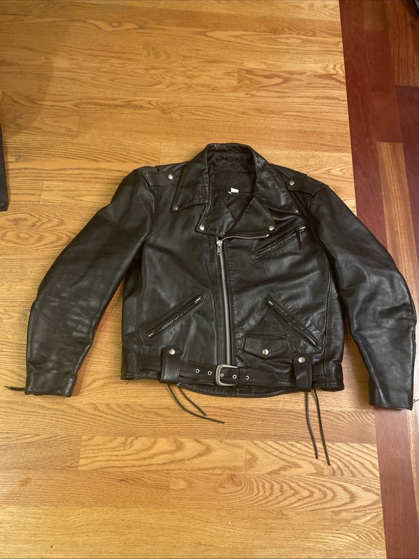 Mens Vintage Retro Punk Black Leather Biker Motorcycle Jacket USA Made, Sz 46 XL