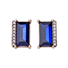 Vintage Art Deco Style Rectangle Studs Baguette Blue Crystal Retro Earrings