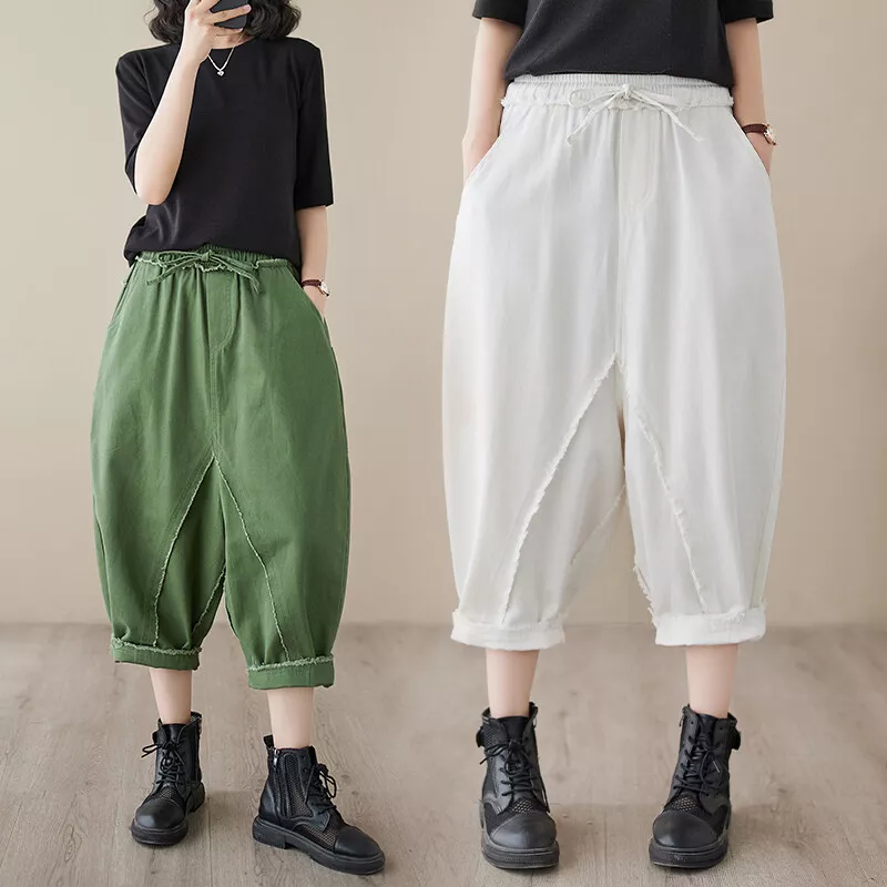 Casual Women Baggy Denim Ankle Pants Loose High Waist Tapered Trousers Pockets