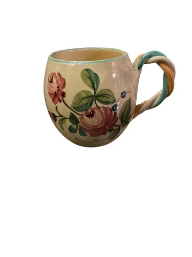 Vintage Hand Painted Italian Pottery Mug: Floral Design w Braided Twisted Handle