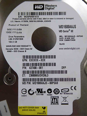 160 GB Western Digital WD1600AAJS-60PSA0 / EANNHT2AGN / NOV 2007 disco rigido