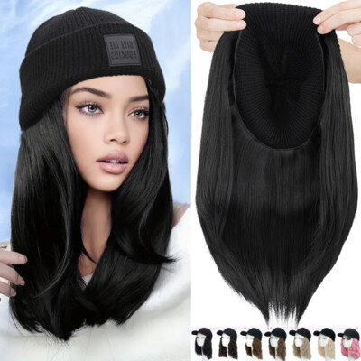 Women Baseball Cap with Synthetic Wig Long Wavy Full Wigs Hat Knitted Straight