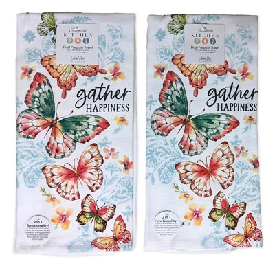 Set of 2 GARDEN BUTTERFLY Gather Happiness Terry Kitchen Towels, Kay Dee Designs