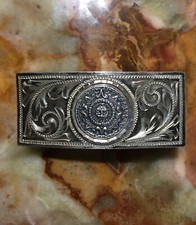VINTAGE MEXICAN STERLING SILVER BELT BUCKLE ENGRAVED MAYAN AZTEC CALENDAR SIGNED