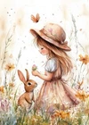 print ACEO Art Card Rabbit Girl Garden Flower Bunny Animal Limited Edition
