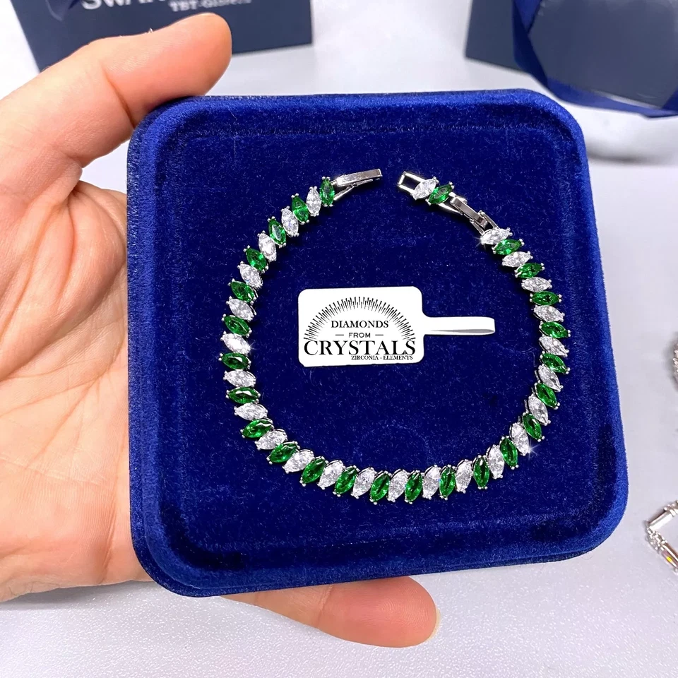 Bracciale Tennis Striscia Verde pl. oro Bianco 18k con Cristalli Zirconi B18 - Immagine 2 di 4