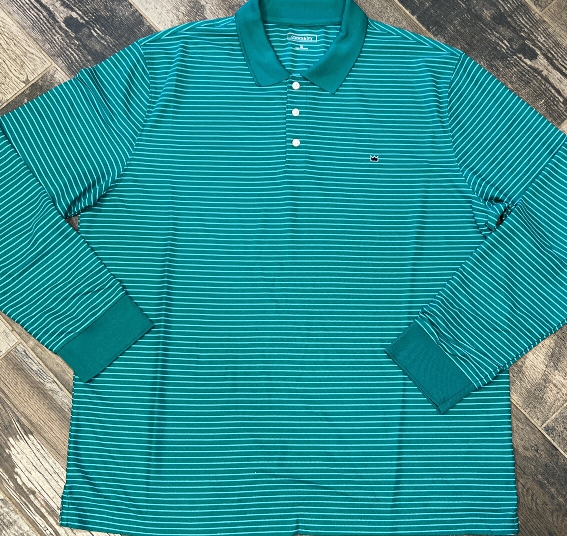 ★韓国の人気★【SATUR】★Stripe Pique Polo Long Sleev.e★ Crown & Ivy™ Men's Green Striped Long Sleeve Performance