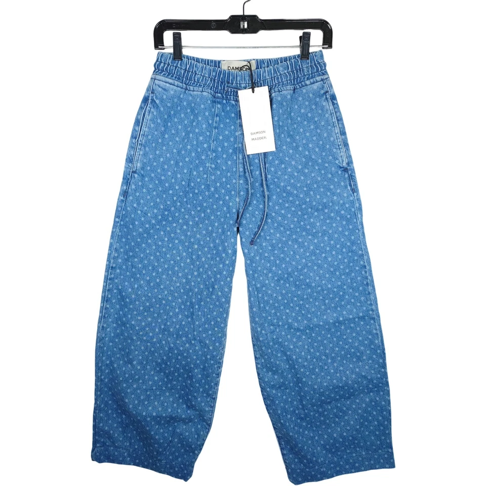 NUEVO Pantalones Rafe Damson Madder Para Mujer Lunares Azul Denim Pierna Ancha Reino Unido 6 / EE. UU. 2