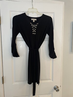 Michael Kors Dress Black Stretch Gold Chain Lace Up Tie Women's S Logo  Belted | eBay