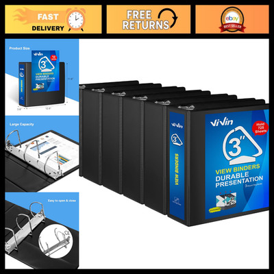3 Inch D Ring View Binder, 6 Pack, Large Slant-D Ring, Black, Office Supplies