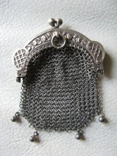 Antique Chatelaine STERLING Silver Floral Frame 4 Ball Mesh Coin Purse France