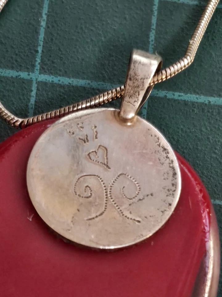 Vintage Stamped 925 Sterling Silver Italy Red Glass Oval Shape Pendant Necklace Foto 4 de 4
