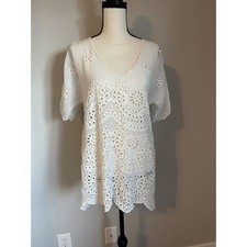 Johnny Was Womens Cream Eyelet Scalloped Hem Tunic Top Short Sleeve Small