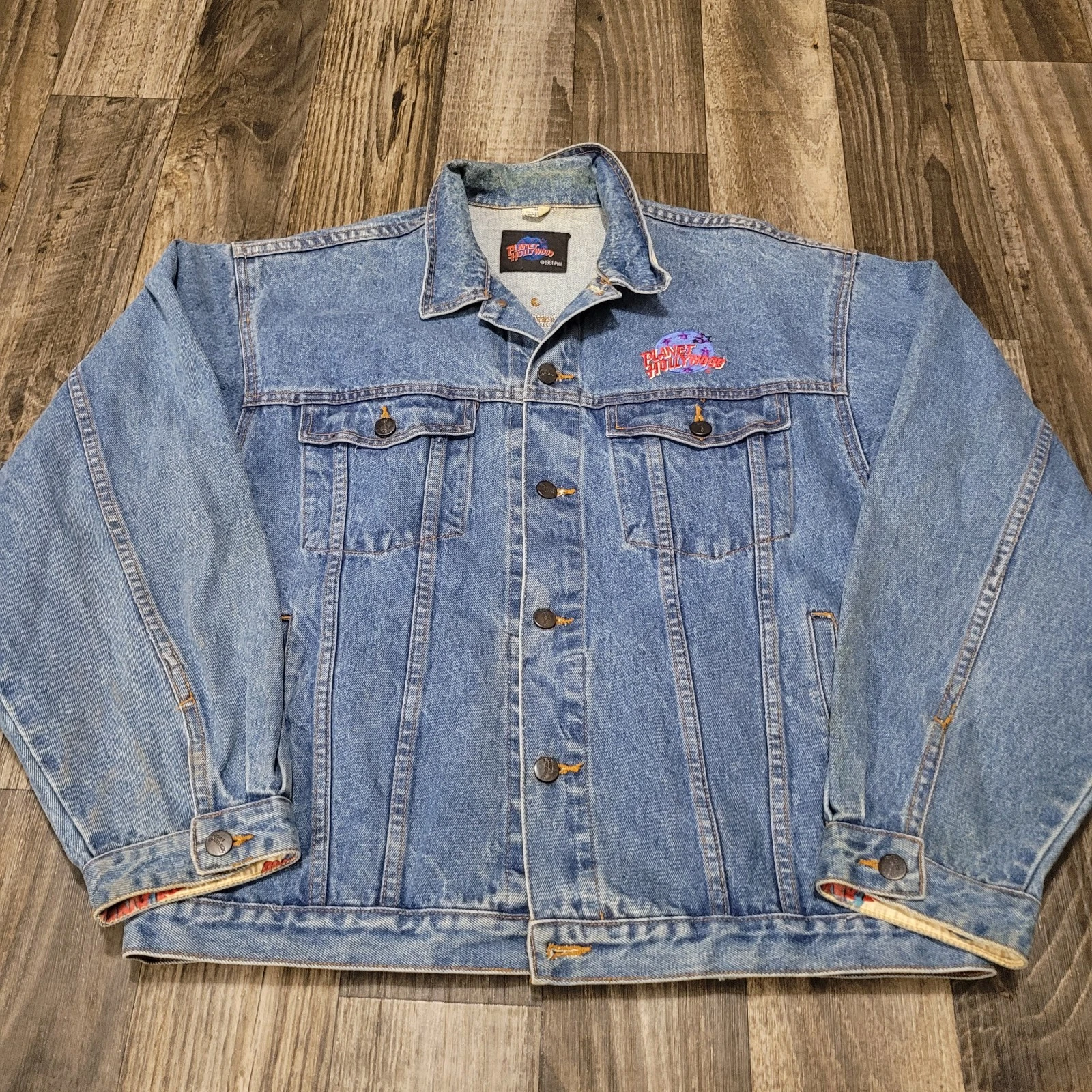 Vintage Planet Hollywood Guam Jacket 1991 Trucker Embroidered Denim (Stained)