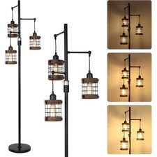 Dimmable Industrial 3-Light Floor Lamp Farmhouse Vintage Metal Wood Cage Style
