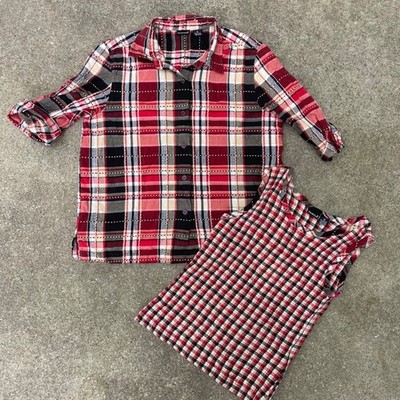 Vintage 90s North Crest Red Black Cotton Set Women M Plaid Shirt  + Tank Top