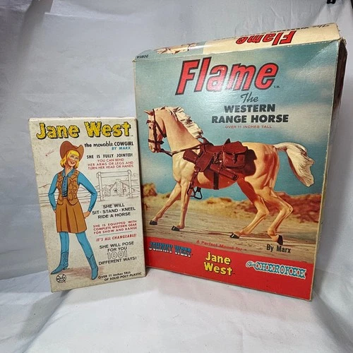 Vtg Marx Toys Flame Western Range Horse & Jane West W/Accs. & Papers In Boxes