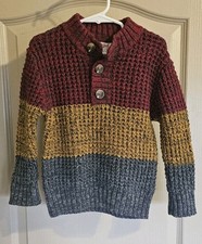 Cat  Jack boys' chunky knit pullover sweater in red, yellow, and gray.