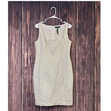 Lauren Ralph Lauren Dress Womens 12P Ivory Gold Metallic Jacquard Sheath