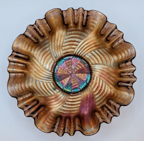 FENTON Ribbon Tie Crimped Amethyest Carnival Glass Bowl 8.75" Pre 1970 - Picture 10 of 13