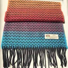 100% CASHMERE SCARF /WRAP MADE IN ENGLAND CHEVRON DESIGN Berry/Blue/Green/Orange