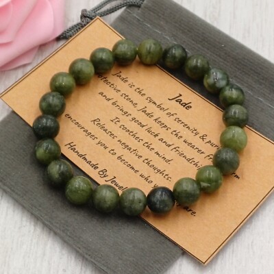 GRÜNE JADE Armband Stretch Fit Handarbeit + Geschenktüte & Karte Kristall Edelstein 8mm.