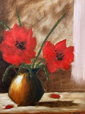Contemporary Oil Painting on Canvas Board Still Life Study of Red Poppy Flowers
