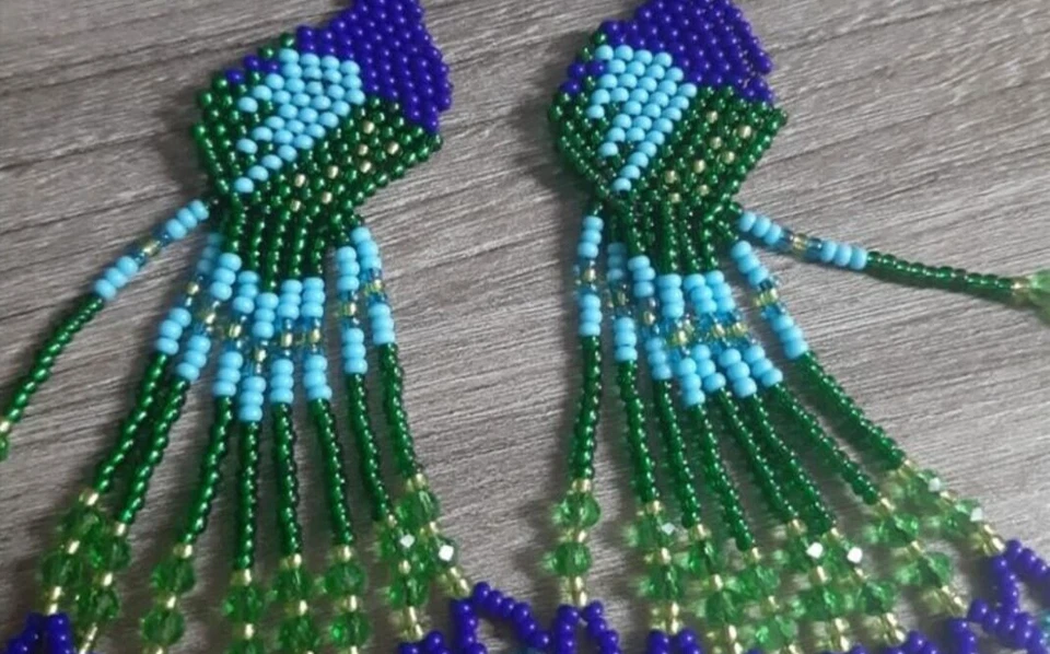 Pendientes Tribales Pavo Real Nativos Grandes Boho Americanos Semilla Cuentas Hecho a Mano Pendiente Foto 3 de 4