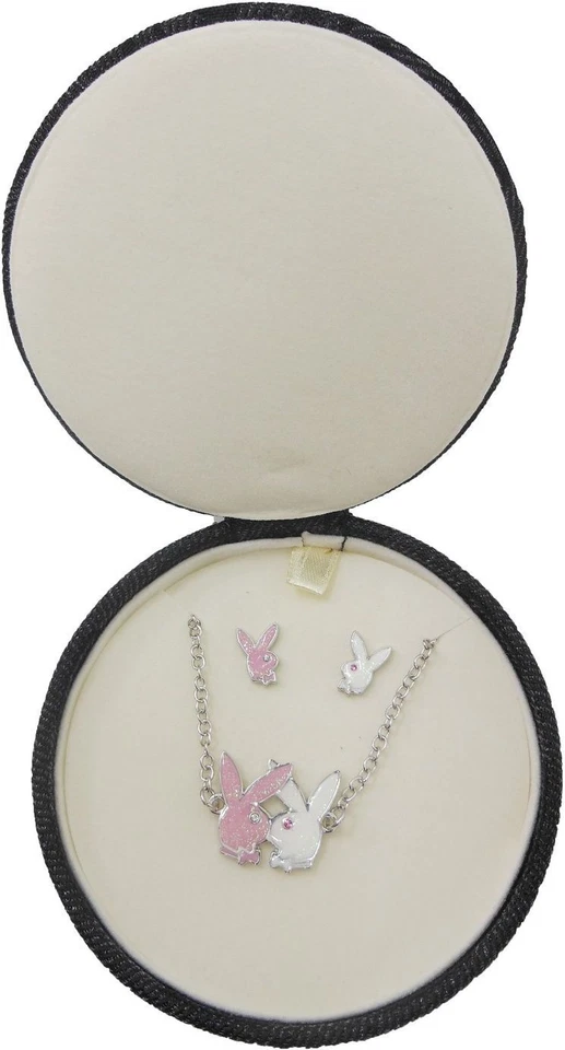 Playboy Jewelry Set Necklace Earrings Silver Swarovski Crystal Pink Bunny Logo - Image 2 of 4