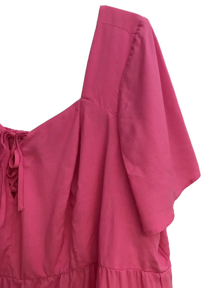 Torrid 4 Flutter Sleeved Skater Dress Pink Square Neck Lace up High Low - Image 3 of 4