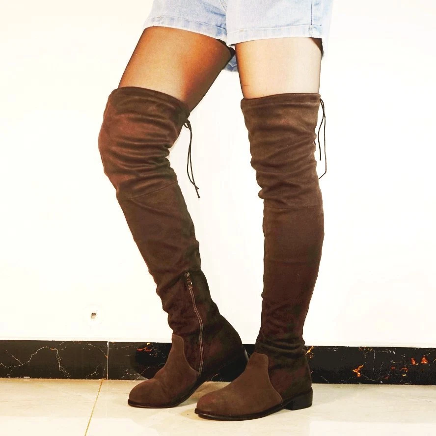 Flat suede top thigh high boots